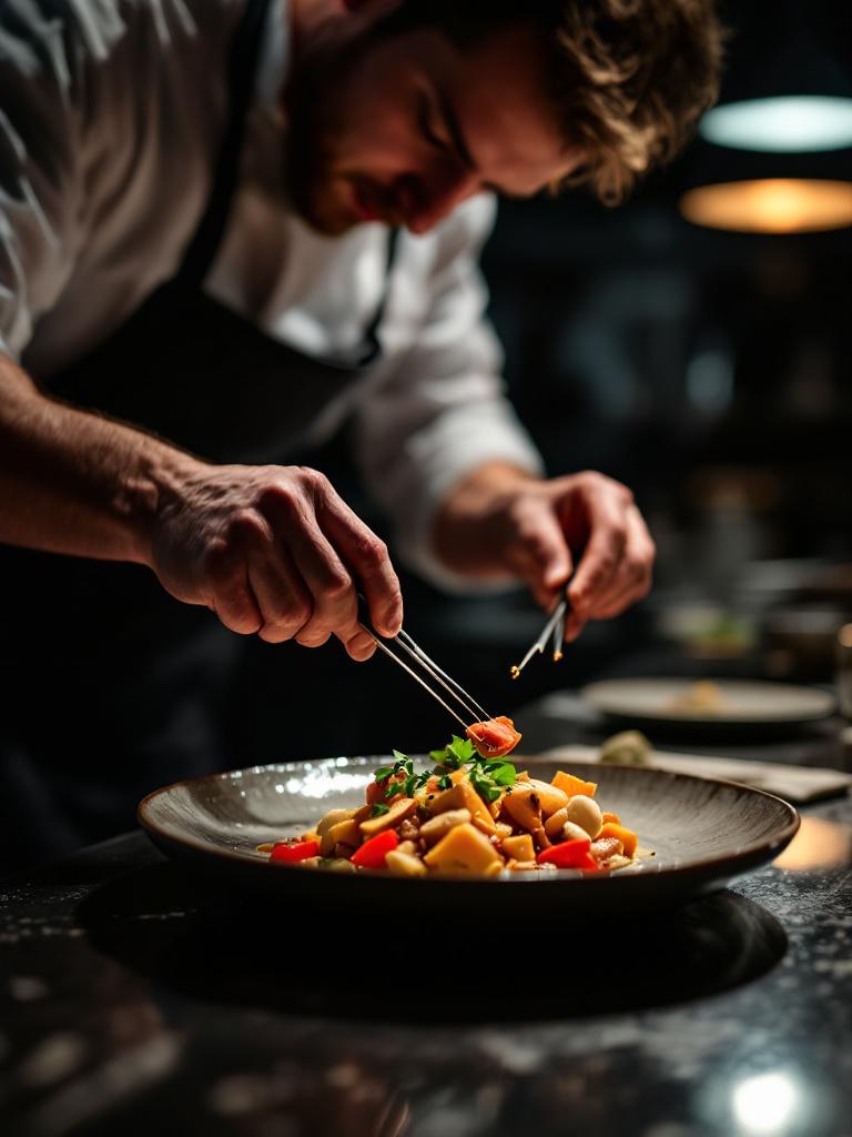 chef finishing seasonal tasting plate with tweezers, open kitchen in upscale urban restaurant, focused directional task lighting and ambient warm backlight, documentary culinary photography style