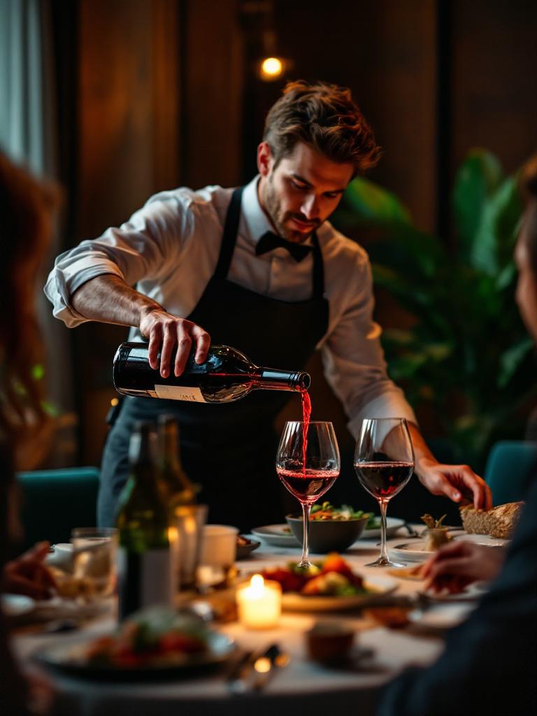 sommelier pouring red wine for guests at a private dinner table, refined restaurant private room with natural wood and deep green accents, candlelit warm low light, lifestyle hospitality photography